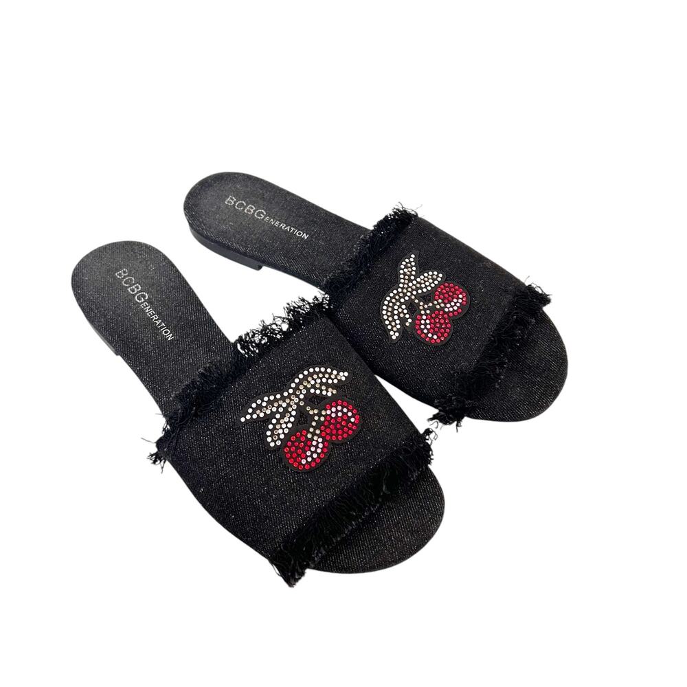 BCBGeneration Black Cherry Beaded Denim Fringe Slides Sz 6.5